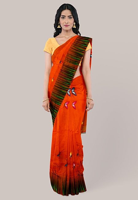Red Color Hand Painted Cotton Silk Handloom Saree (She Saree 1244)