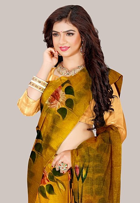 Mustard Color Hand Painted Cotton Silk Handloom Saree (She Saree 1245)