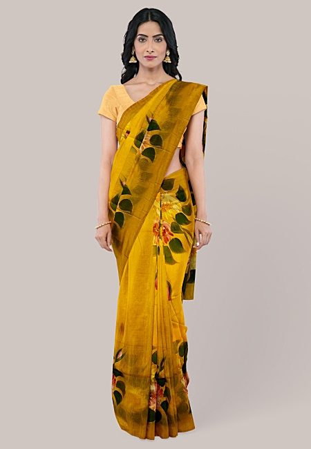 Mustard Color Hand Painted Cotton Silk Handloom Saree (She Saree 1245)