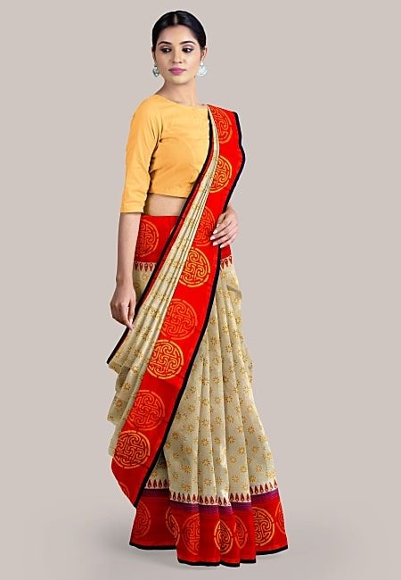 Beige Color Contrast Hand Block Handloom Cotton Saree (She Saree 1238)