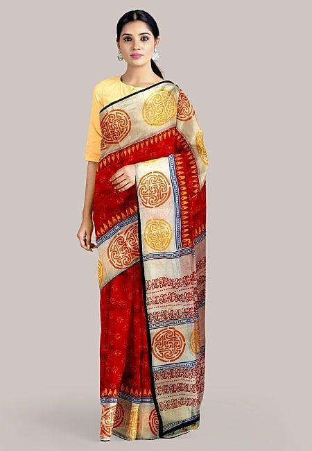 Red Color Contrast Hand Block Handloom Cotton Saree (She Saree 1240)