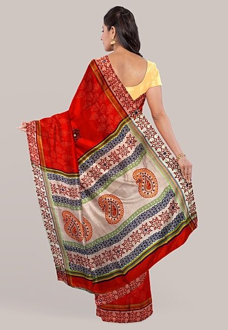 Red Color Hand Block Handloom Cotton Saree (She Saree 1241)