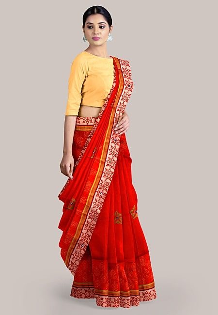 Red Color Hand Block Handloom Cotton Saree (She Saree 1241)