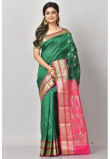 Deep Green Color Contrast Kanjivaram Silk Saree (She Saree 1093)