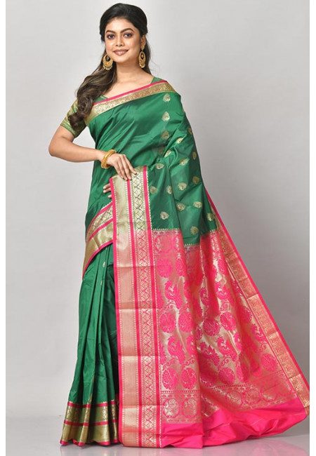 Deep Green Color Contrast Kanjivaram Silk Saree (She Saree 1093)