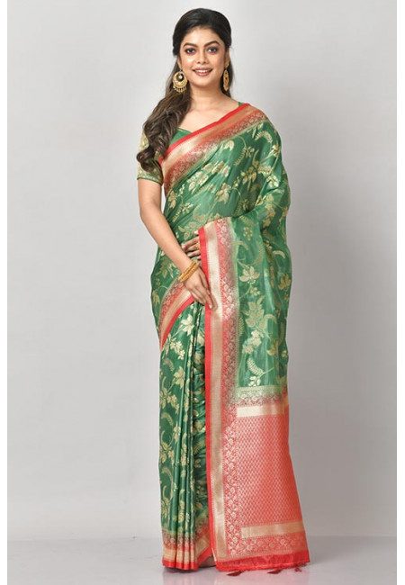 Deep Green Color Contrast Mysore Silk Saree (She Saree 1090)
