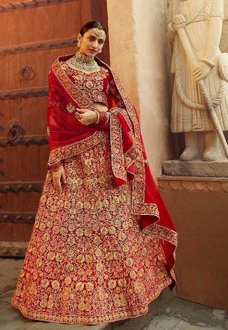 Red Color Designer Velvet Bridal Lehenga (She Lehenga 505)