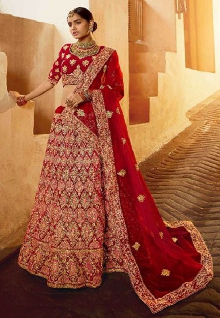 Red Color Designer Velvet Bridal Lehenga (She Lehenga 506)