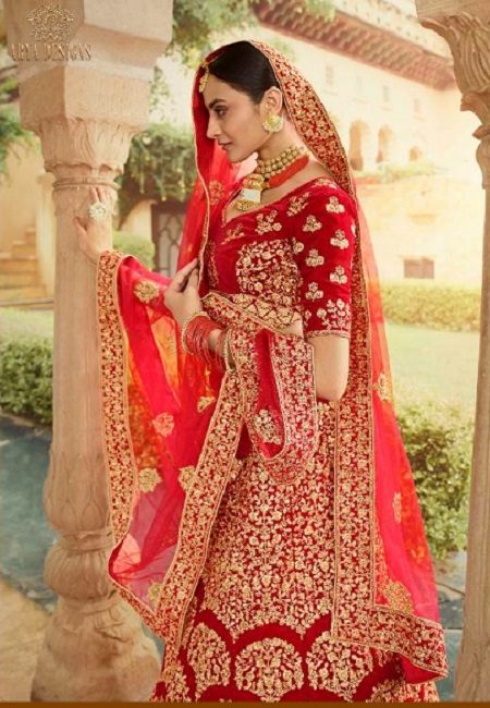 Red Color Designer Velvet Bridal Lehenga (She Lehenga 507)