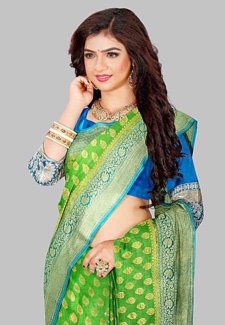 Parrot Green Color Soft Designer Pure Khaddi Georgette Contrast Saree ( She Saree 1037)