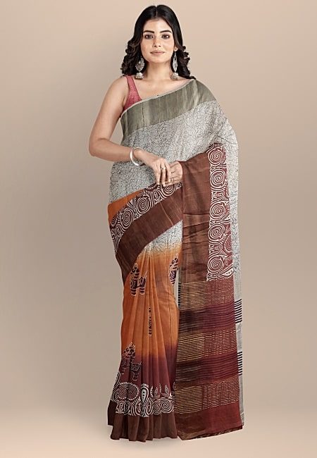 Light Grey And Rust Color Printed Pure Tussar Silk Saree (She Saree 1058)