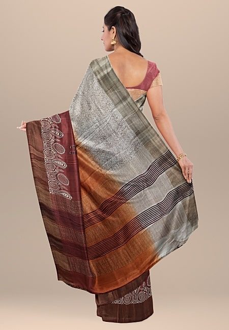 Light Grey And Rust Color Printed Pure Tussar Silk Saree (She Saree 1058)