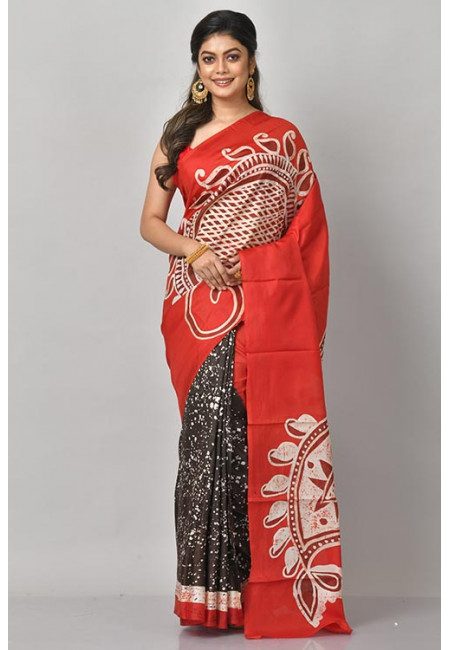 Deep Red And Black Color Printed Pure Silk Saree (She Saree 1084)