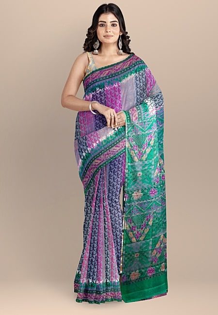 Multi Color Printed Contrast Pure Rajshahi Silk Saree (She Saree 1044)