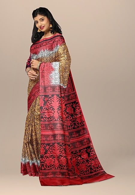 Mustard Color Printed Contrast Pure Rajshahi Silk Saree (She Saree 1045)