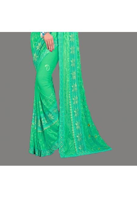Sea Green Color Embroidery Chiffon Saree (She Saree 589)