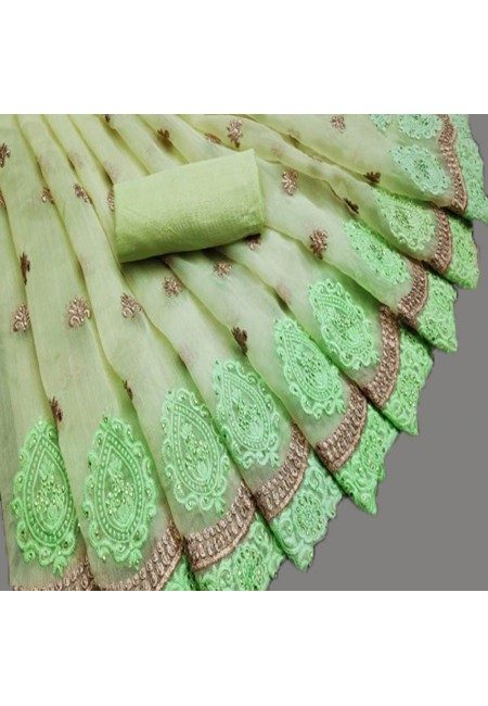 Pastel Green Color Embroidery Chiffon Saree (She Saree 584)
