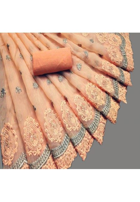 Peach Color Embroidery Chiffon Saree (She Saree 585)