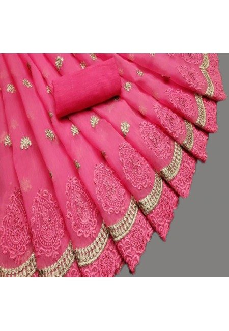 Fuchsia Pink Color Embroidery Chiffon Saree (She Saree 586)