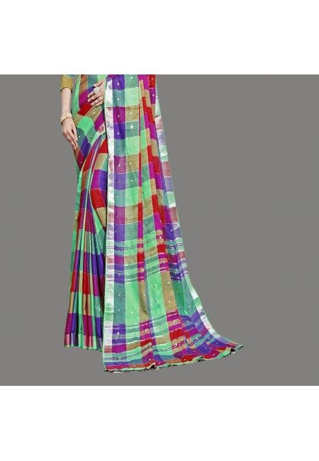 Multi Color Checks Linen Cotton Saree (She Saree 664)