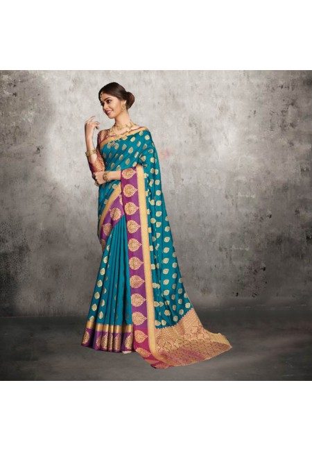Blue Color Contrast Banarasi Silk Saree (She Saree 608)