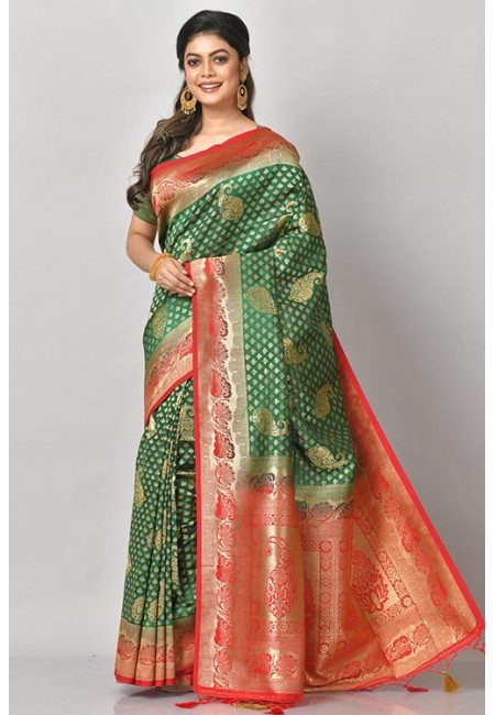 Deep Green Color Contrast Semi Katan Silk Saree (She Saree 1087)