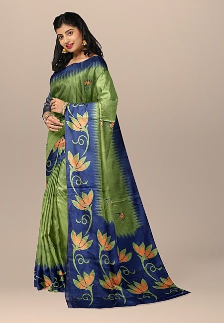 Pista Green Color Printed Contrast Semi Tussar Silk Saree (She Saree 1056)