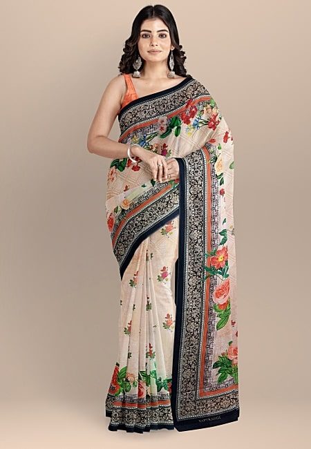 Beige Color Printed Contrast Semi Tussar Silk Saree (She Saree 1048)