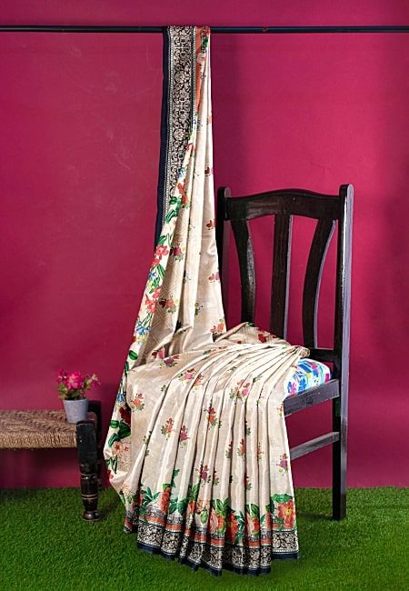 Beige Color Printed Contrast Semi Tussar Silk Saree (She Saree 1048)