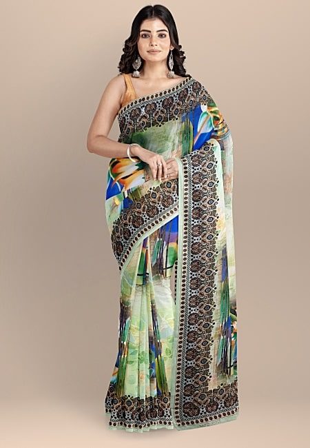 Light Beige Color Printed Contrast Semi Tussar Silk Saree (She Saree 1049)