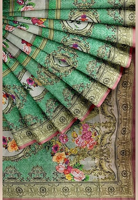 Green Color Printed Contrast Semi Tussar Silk Saree (She Saree 1050)