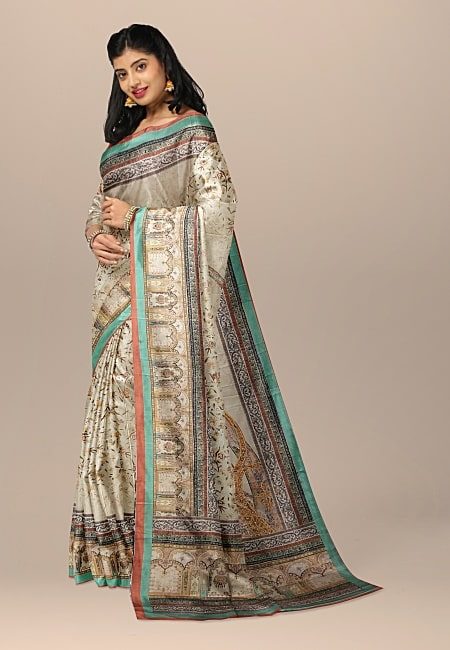 Light Beige Color Printed Contrast Semi Tussar Silk Saree (She Saree 1052)