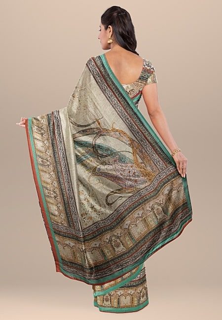 Light Beige Color Printed Contrast Semi Tussar Silk Saree (She Saree 1052)