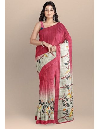 Maroon Color Printed Contrast Semi Tussar Silk Saree (She Saree 1053)