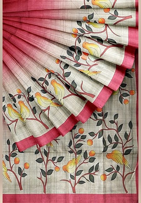 Maroon Color Printed Contrast Semi Tussar Silk Saree (She Saree 1053)