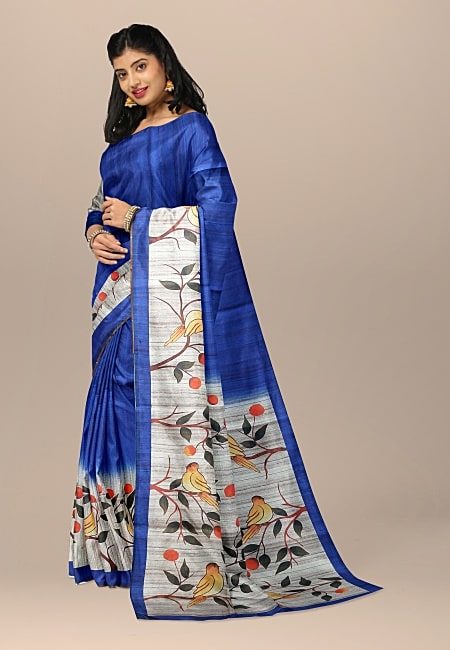 Royal Blue Color Printed Contrast Semi Tussar Silk Saree (She Saree 1054)