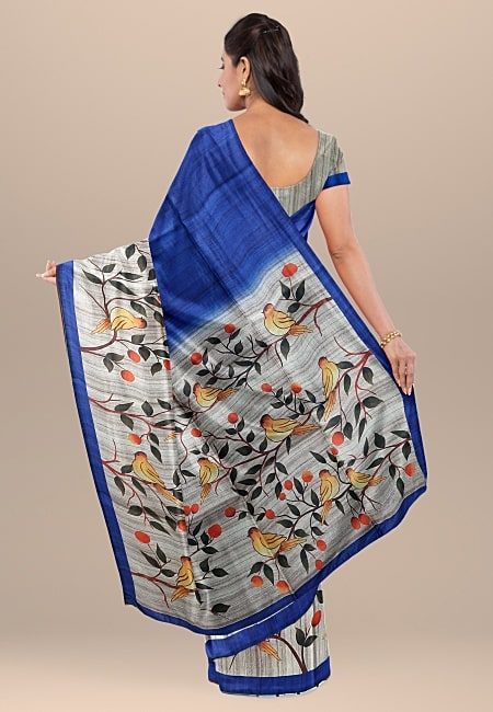Royal Blue Color Printed Contrast Semi Tussar Silk Saree (She Saree 1054)