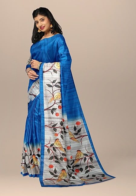 Peacock Blue Color Printed Contrast Semi Tussar Silk Saree (She Saree 1055)