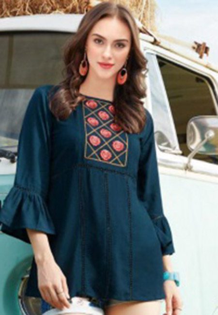 Turquoise Green Color Western Style Rayon Top (She Top 524)